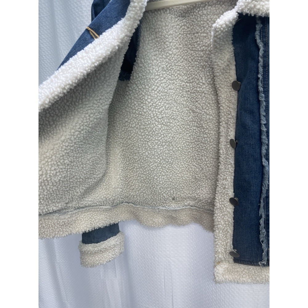 Vtg Joujou Blue Denim Sherpa Lined Cropped Trucker Jacket Junior XL Indie Sleaze - Picture 5 of 8